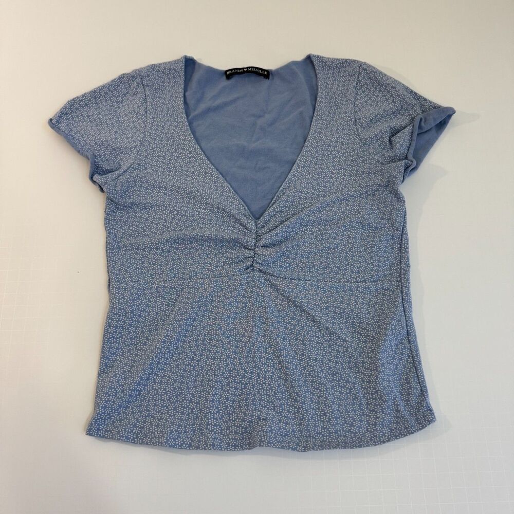 Brandy Melville Crop Top Women's OS Light Blue Floral V-Neck Ruched Short Sleeve